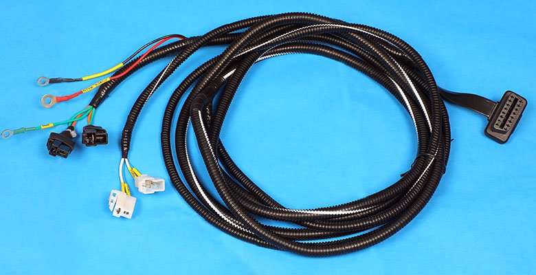 On-board diagnostics OBD wire assembly with multi-connector automotive wiring harness on blue background from leading wiring solutions manufacturer in India.